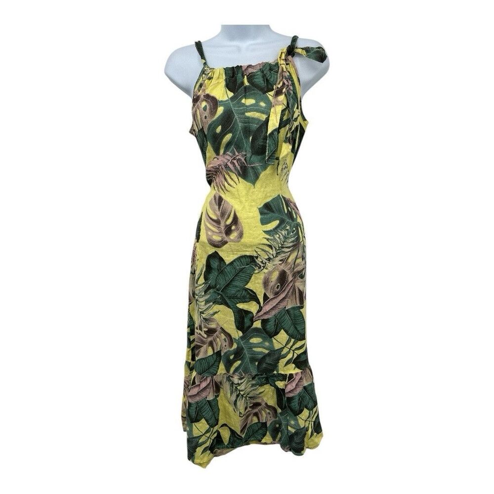 BELLAMBRA Italy Linen Tropical Hawaiian print Midi Dress Shift Ruffle Hem Bow